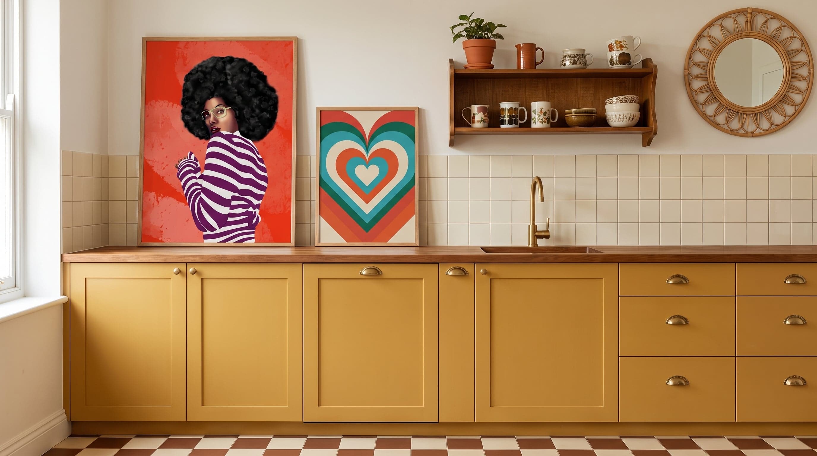 Retro-inspired kitchen wall featuring Bold Stripes and Concentric Hearts posters in varied frame sizes.