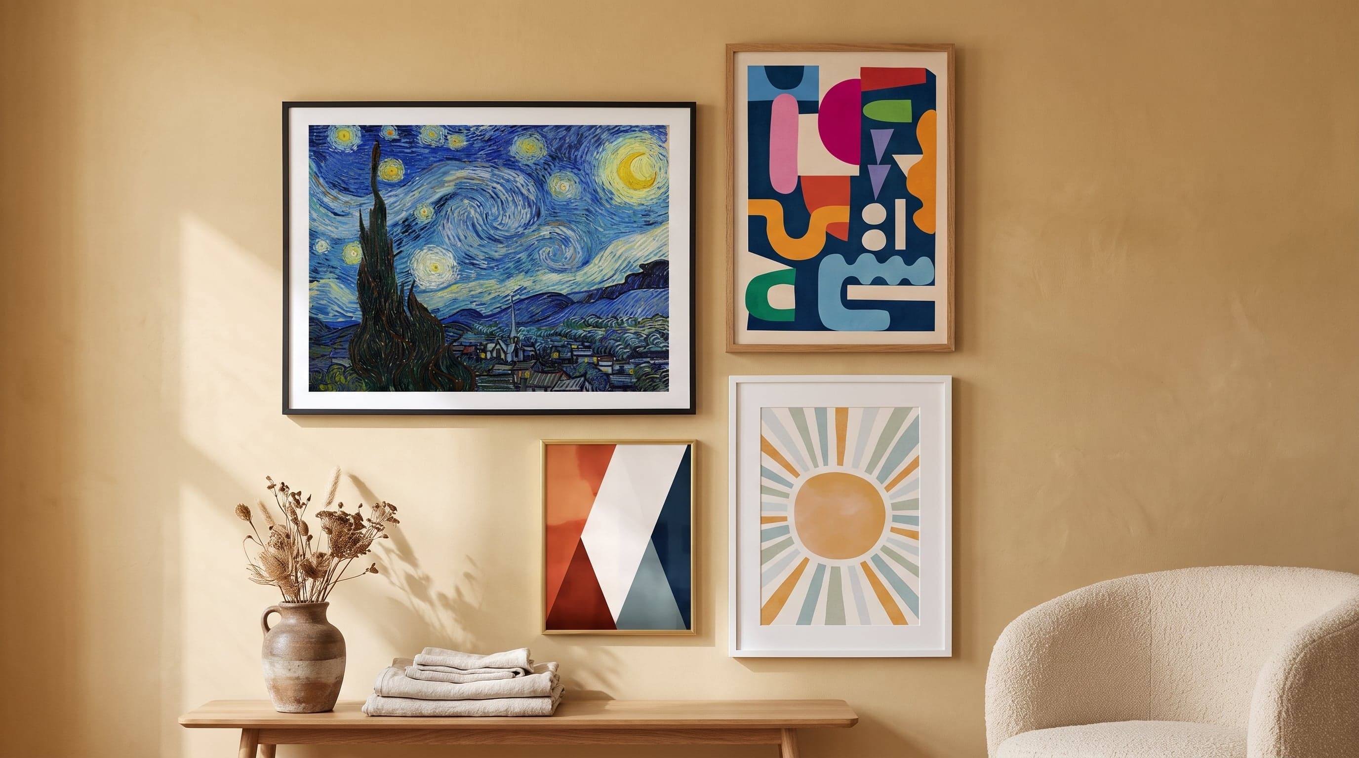 Gallery wall with four art prints in varied styles and frames on a warm plastered wall.