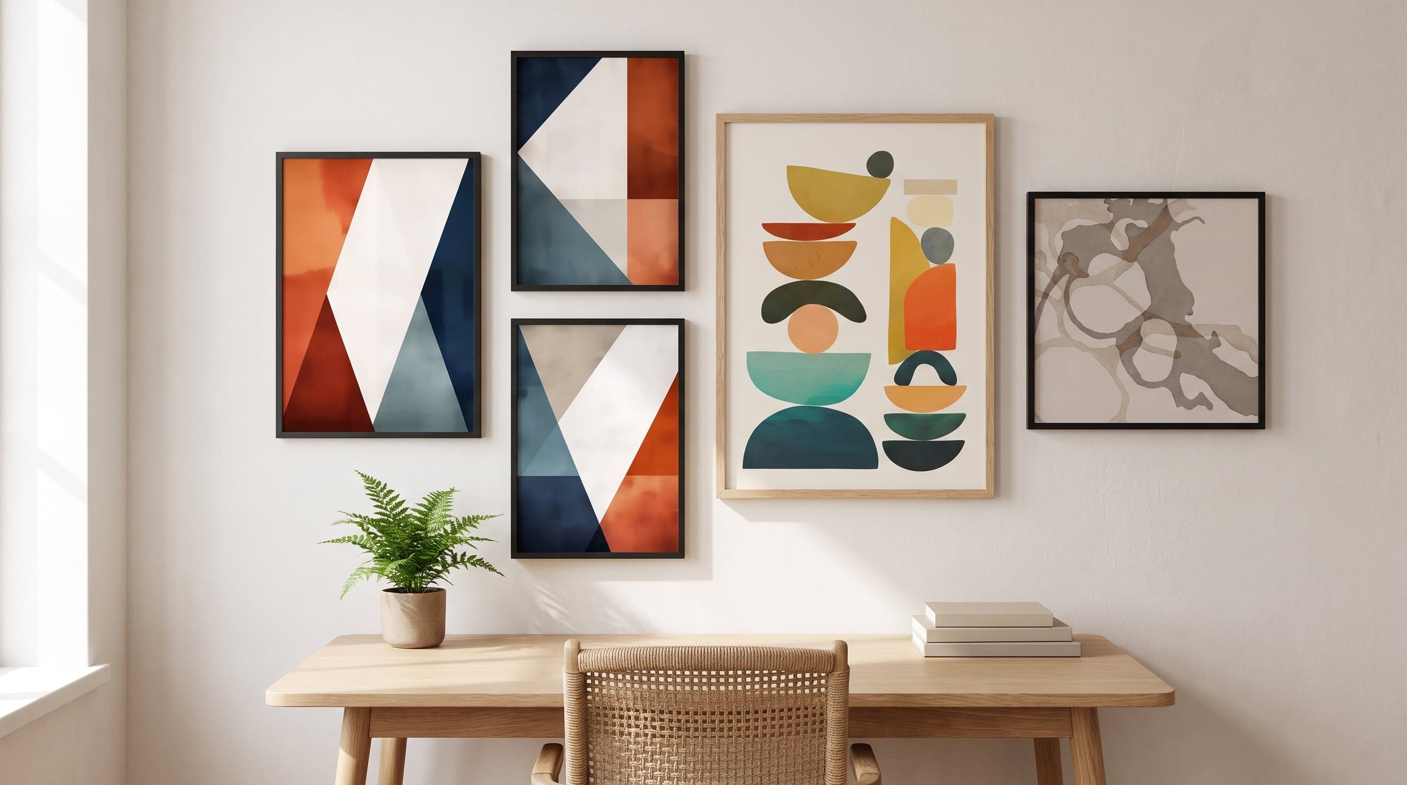 Home office with five framed graphic posters of varying sizes above the desk.