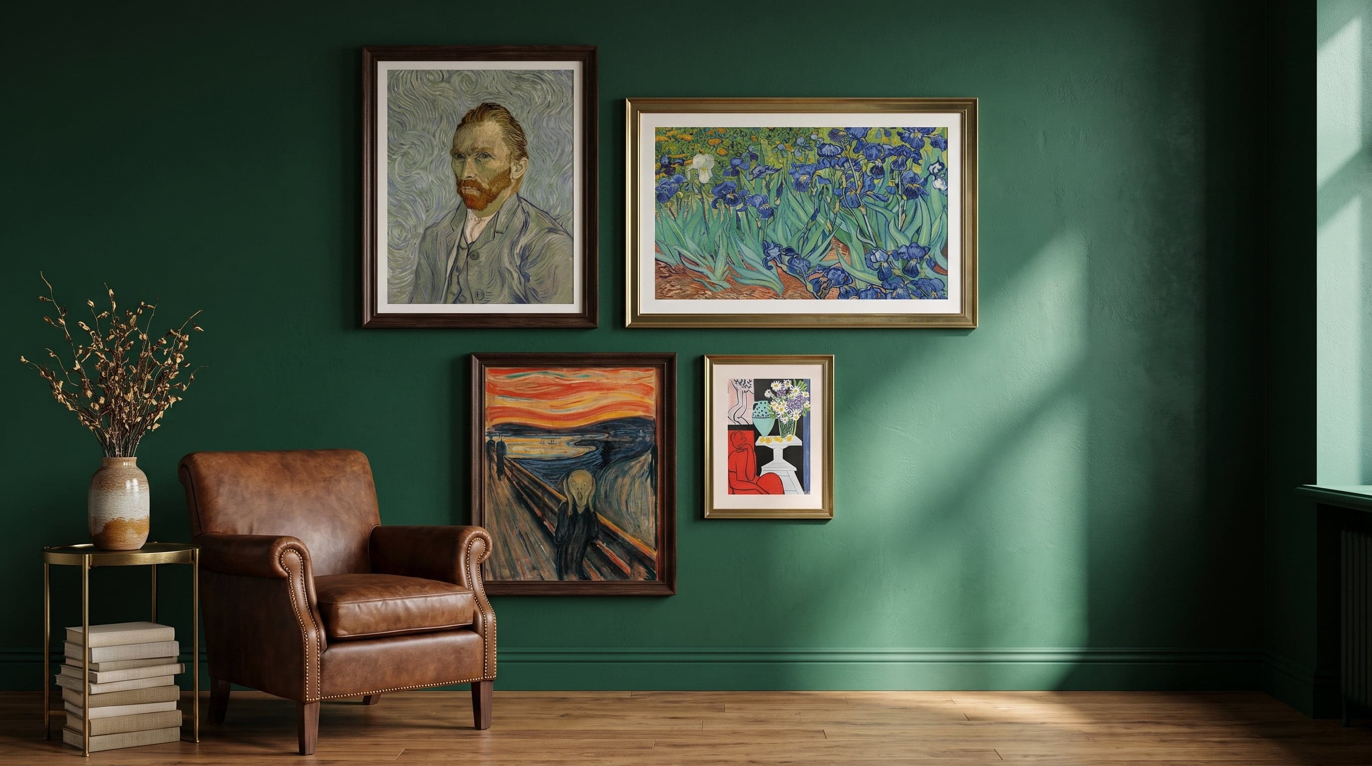 Art collector's wall featuring four classic art prints in varied sizes and frames.