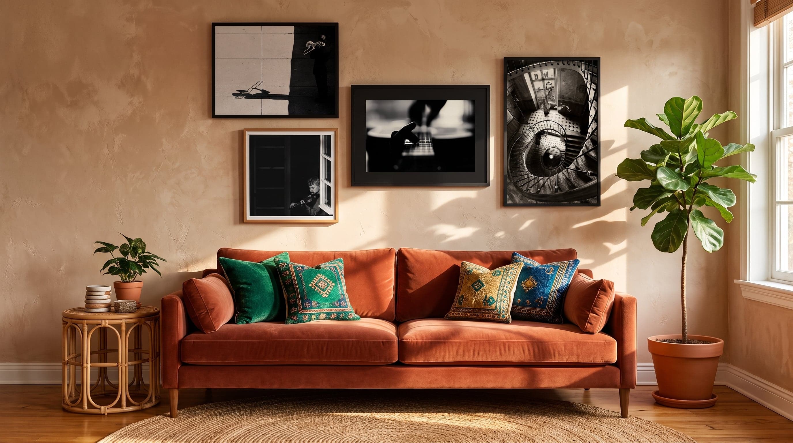 Four black-and-white posters in mixed sizes form a gallery wall above a colorful boho sofa.