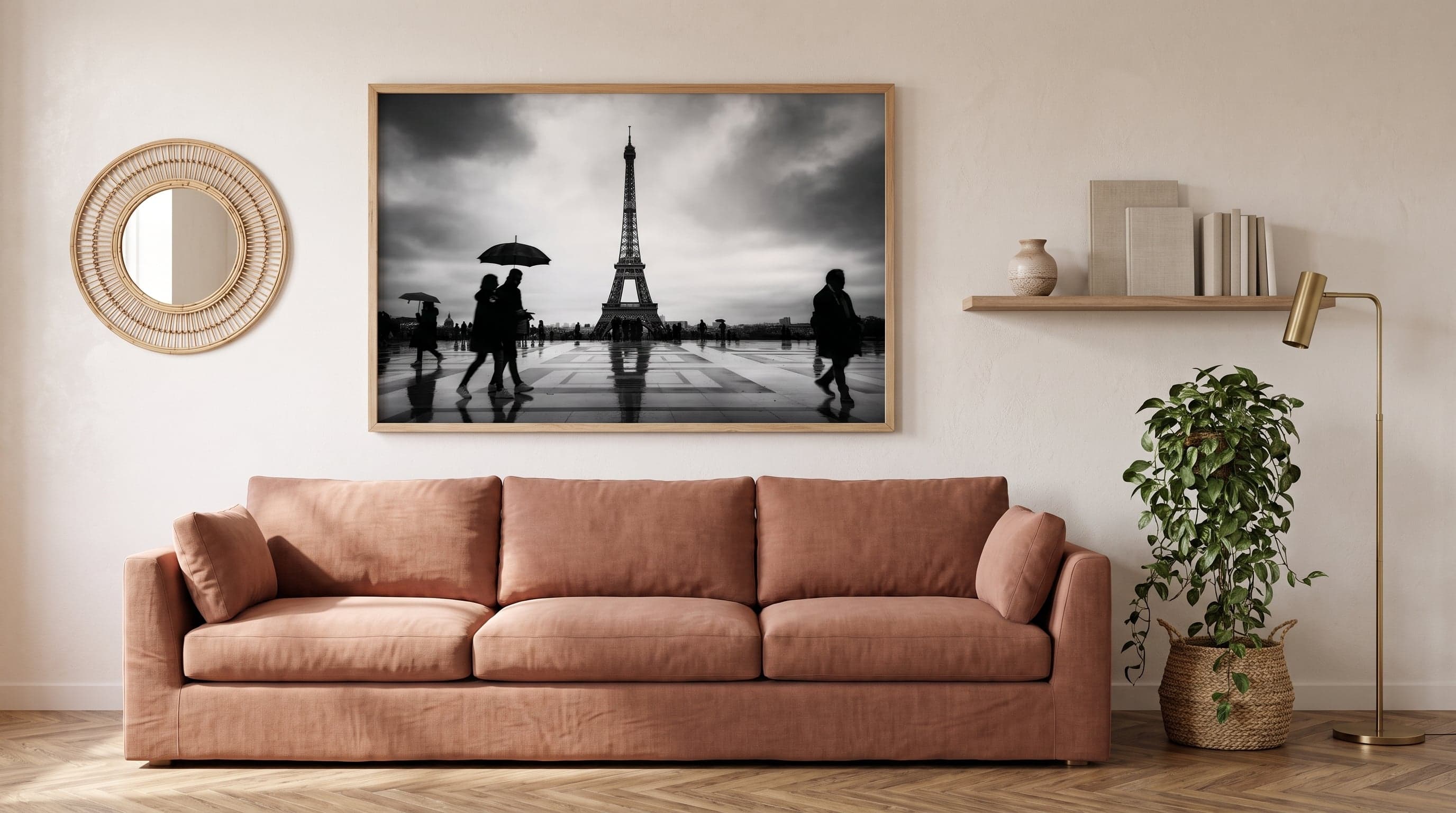 Living room with a Paris poster, mirror and shelf styled together above the sofa