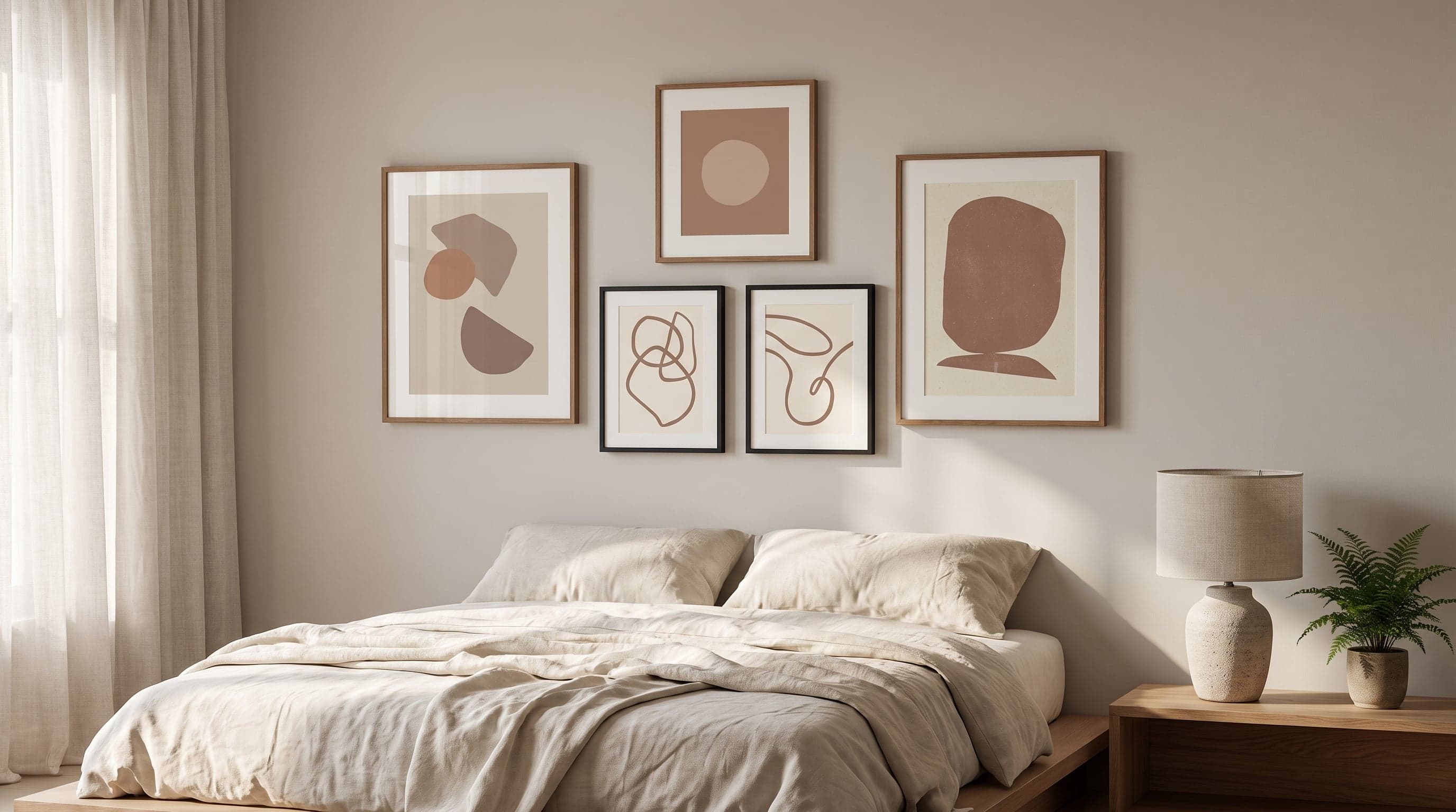 Calm bedroom gallery wall above the bed with five soft mocha-toned art prints, airy layout.