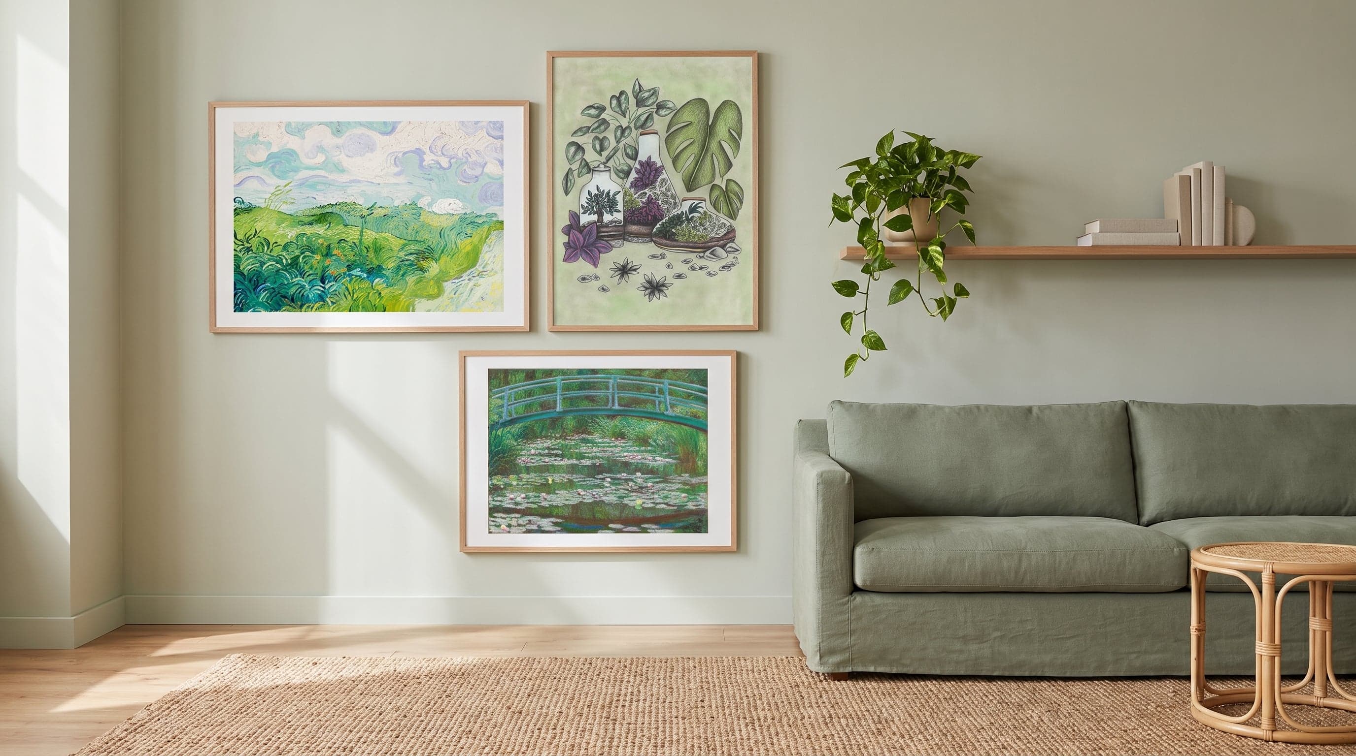 Green living room wall featuring Van Gogh, Japanese bridge and botanical terrarium prints in mixed sizes.