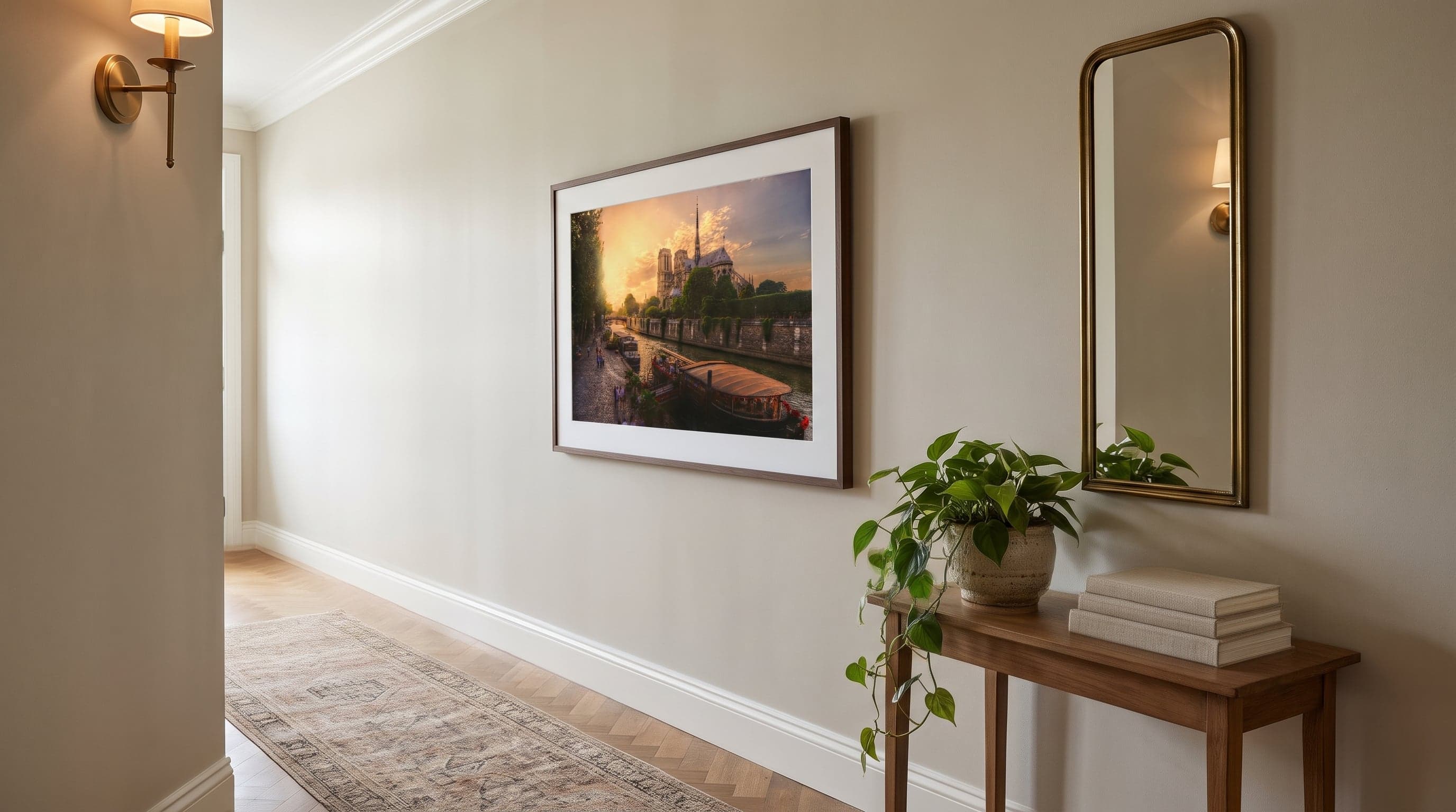 Hallway wall with a Notre-Dame poster, mirror, and greenery creates a warm first impression.