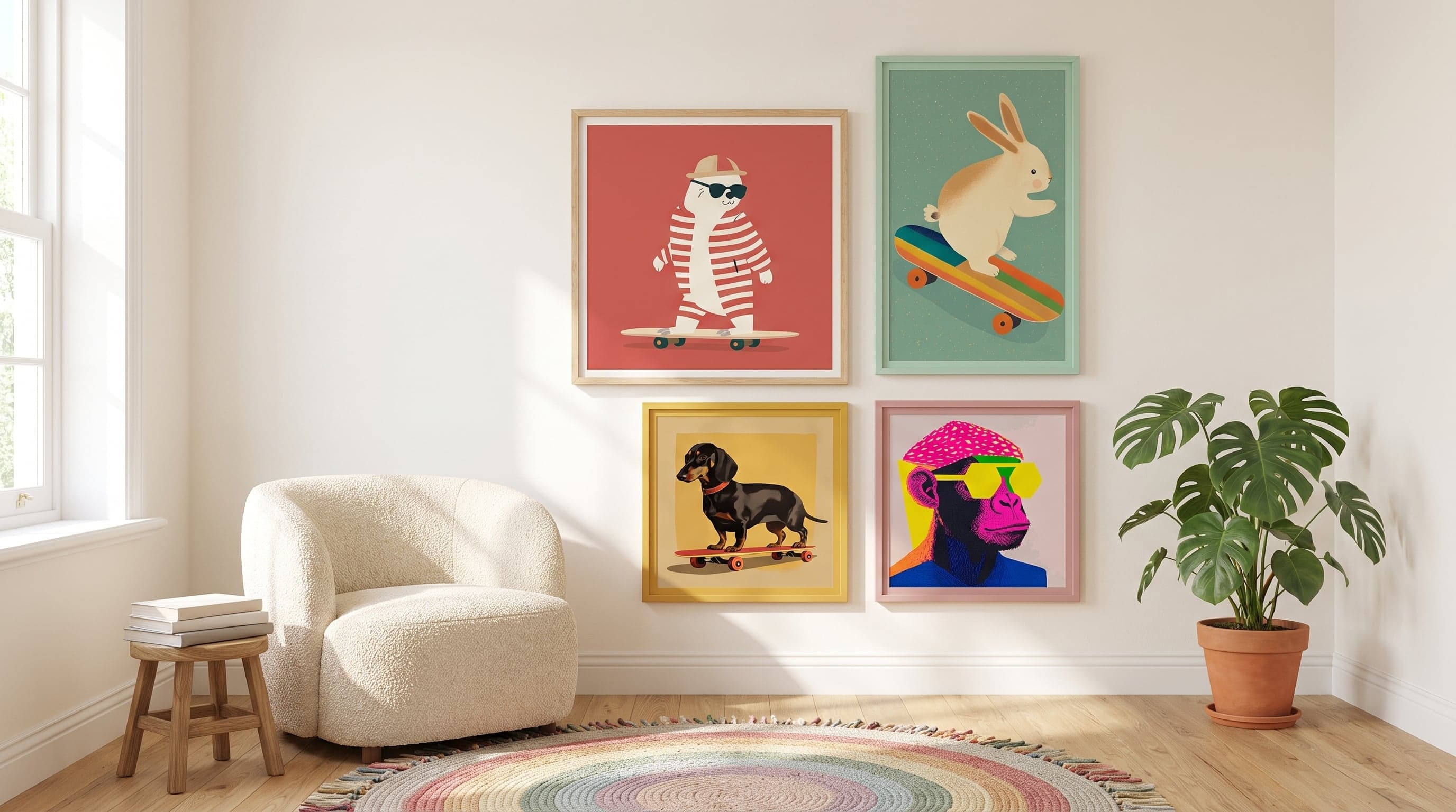 Playful gallery wall of animal posters in a kids' room – bear, bunny, dog and monkey on skateboards.