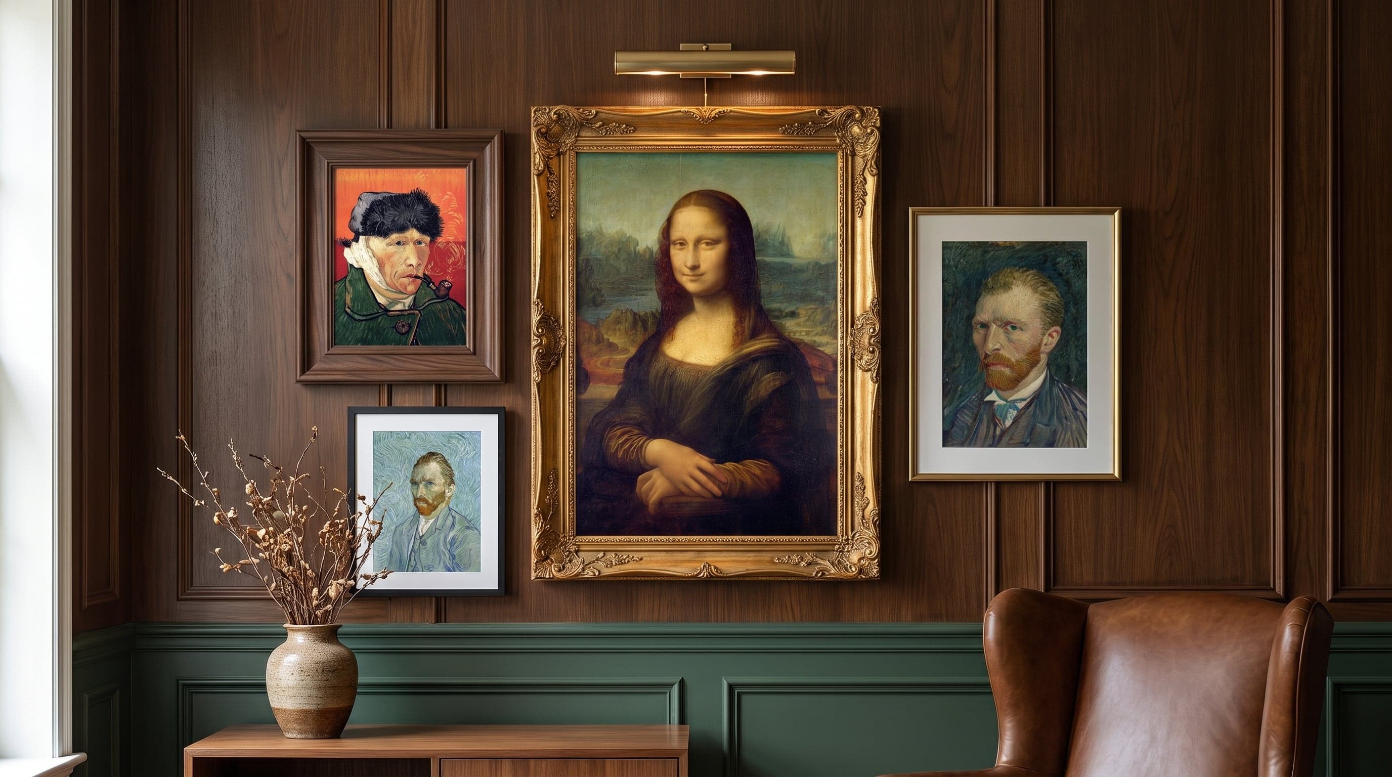 Classic wall arrangement featuring Mona Lisa and three Van Gogh self-portraits in varied frames.