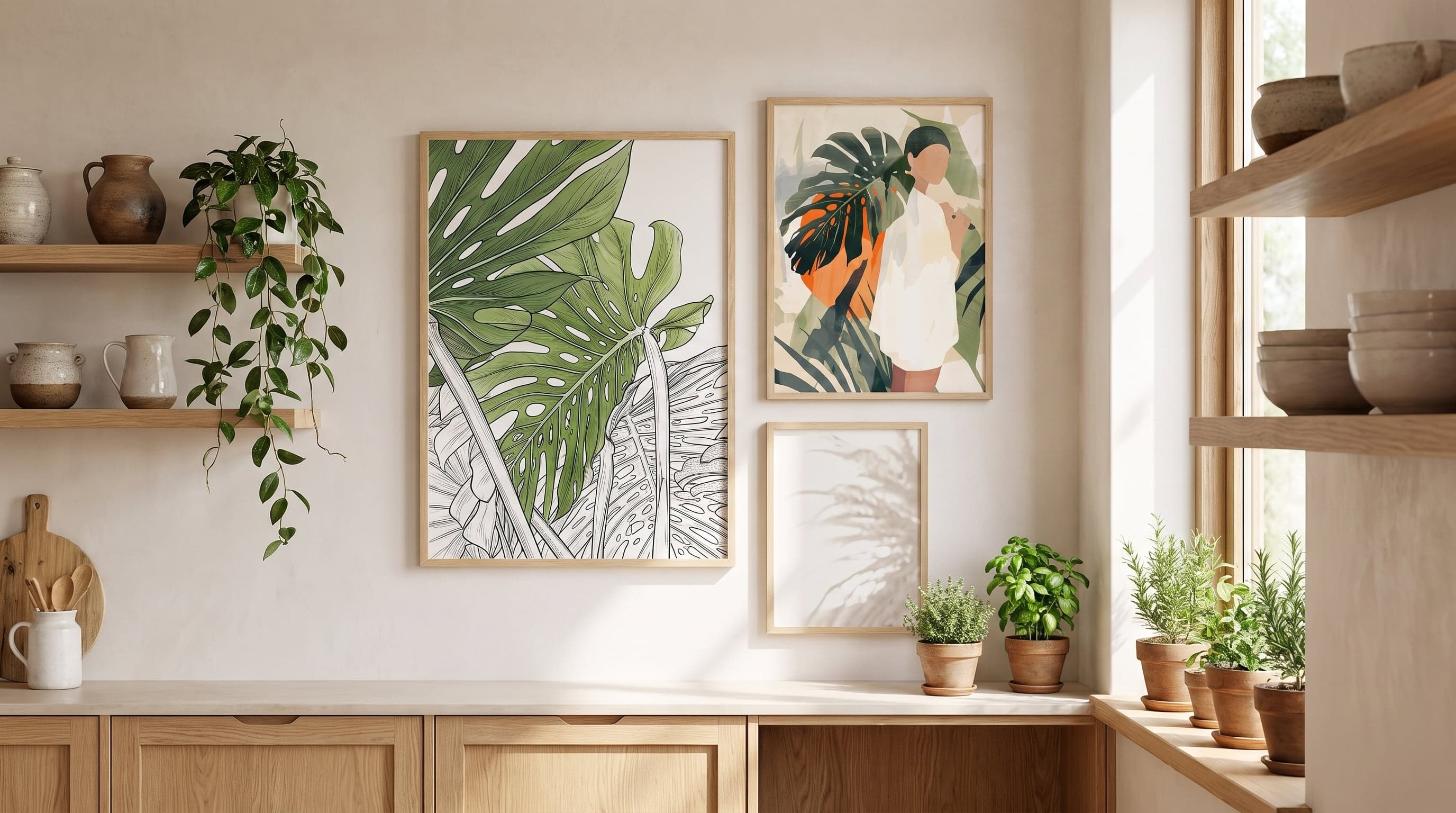 Kitchen wall with three botanical posters above a windowsill of potted plants, soft daylight.