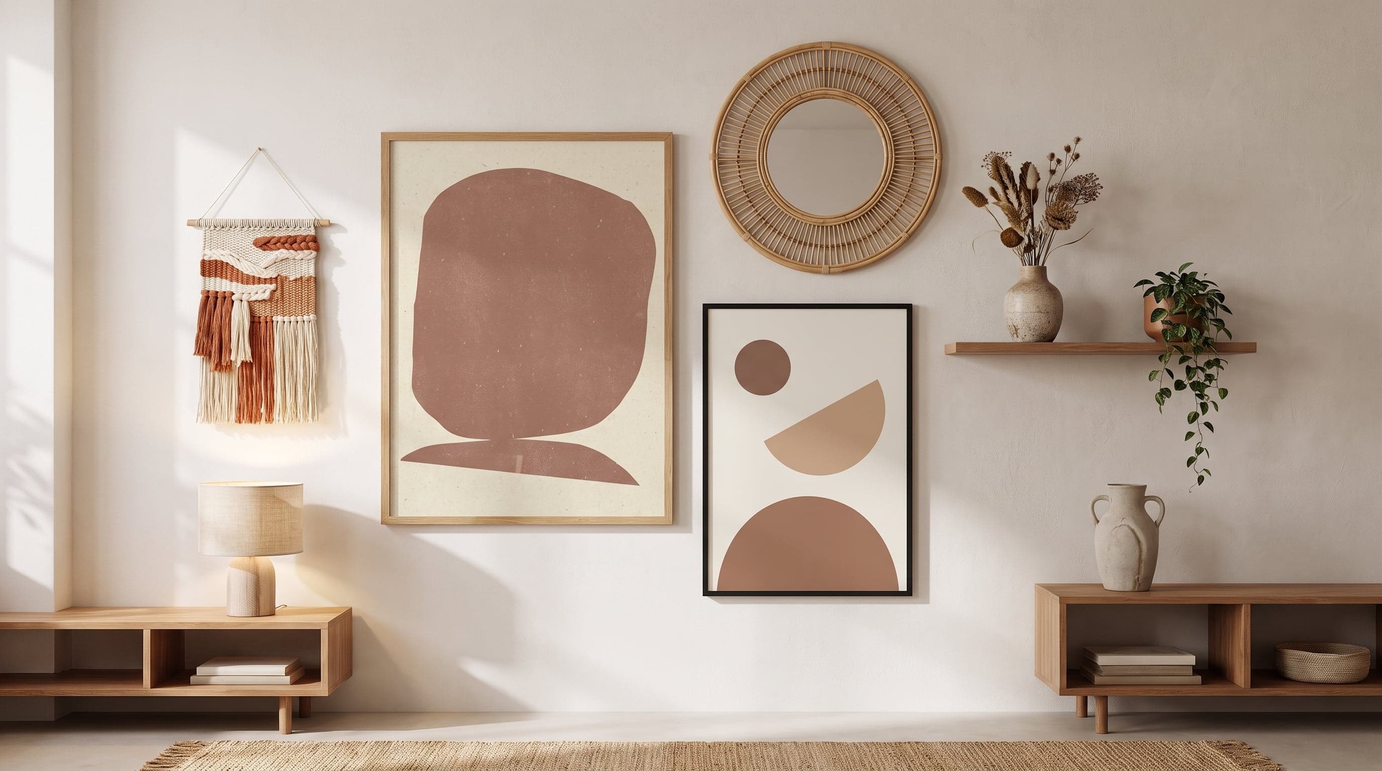 Gallery wall with two differently sized framed posters, mirror and shelf in warm minimalist style.