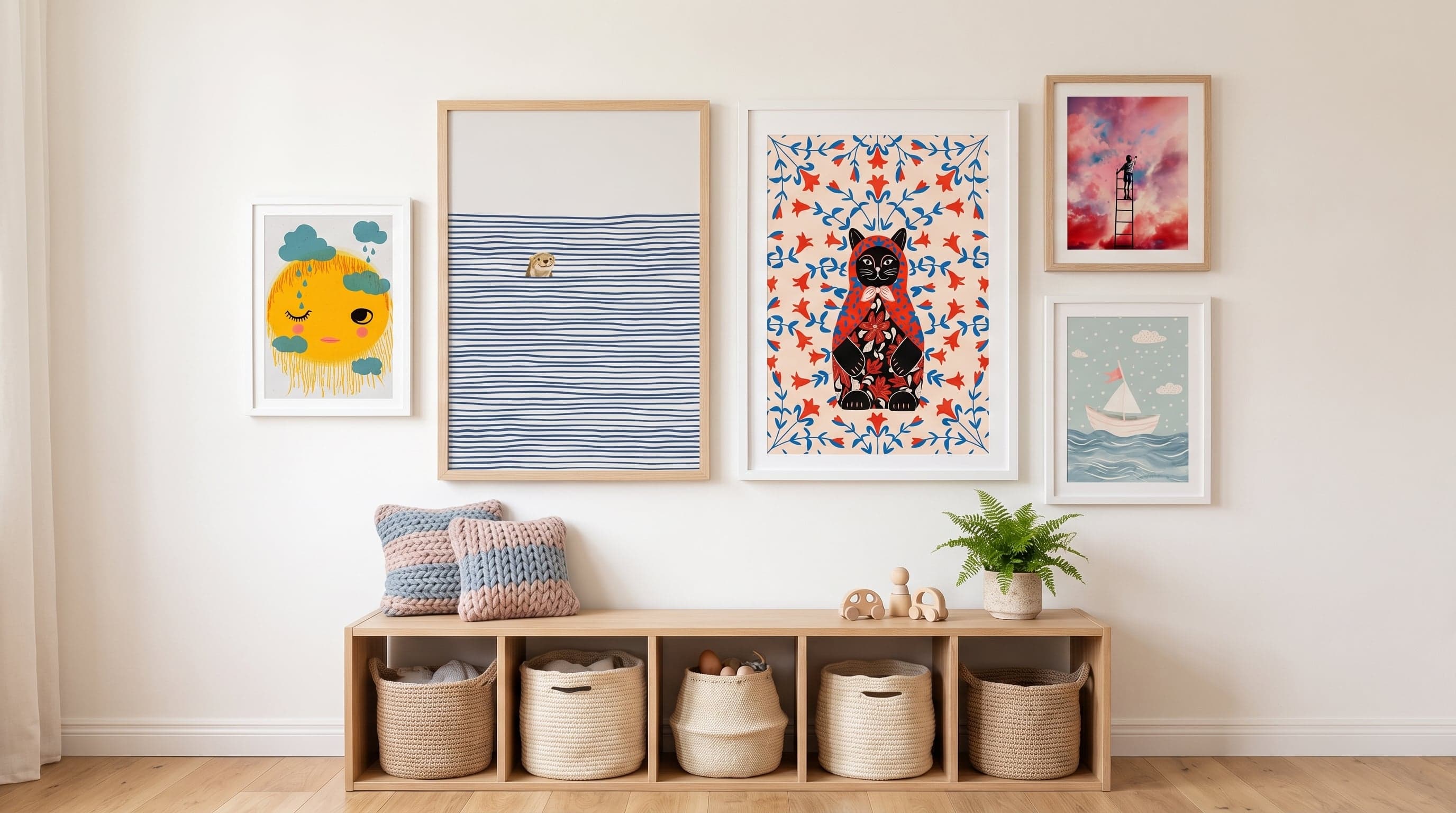 Child's bedroom gallery wall at kid height with five playful art prints in light wood frames.