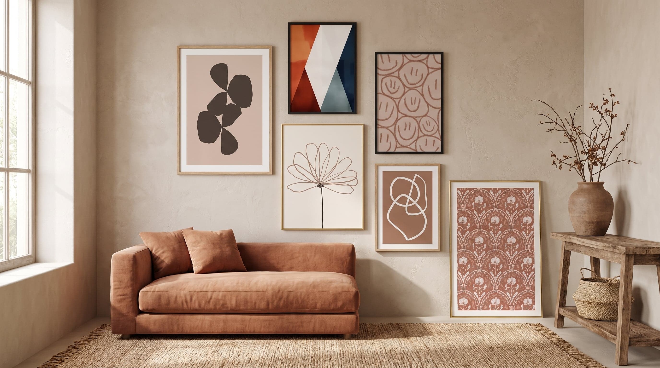 Gallery wall of six mixed-style framed prints above a warm, earthy living room sofa.