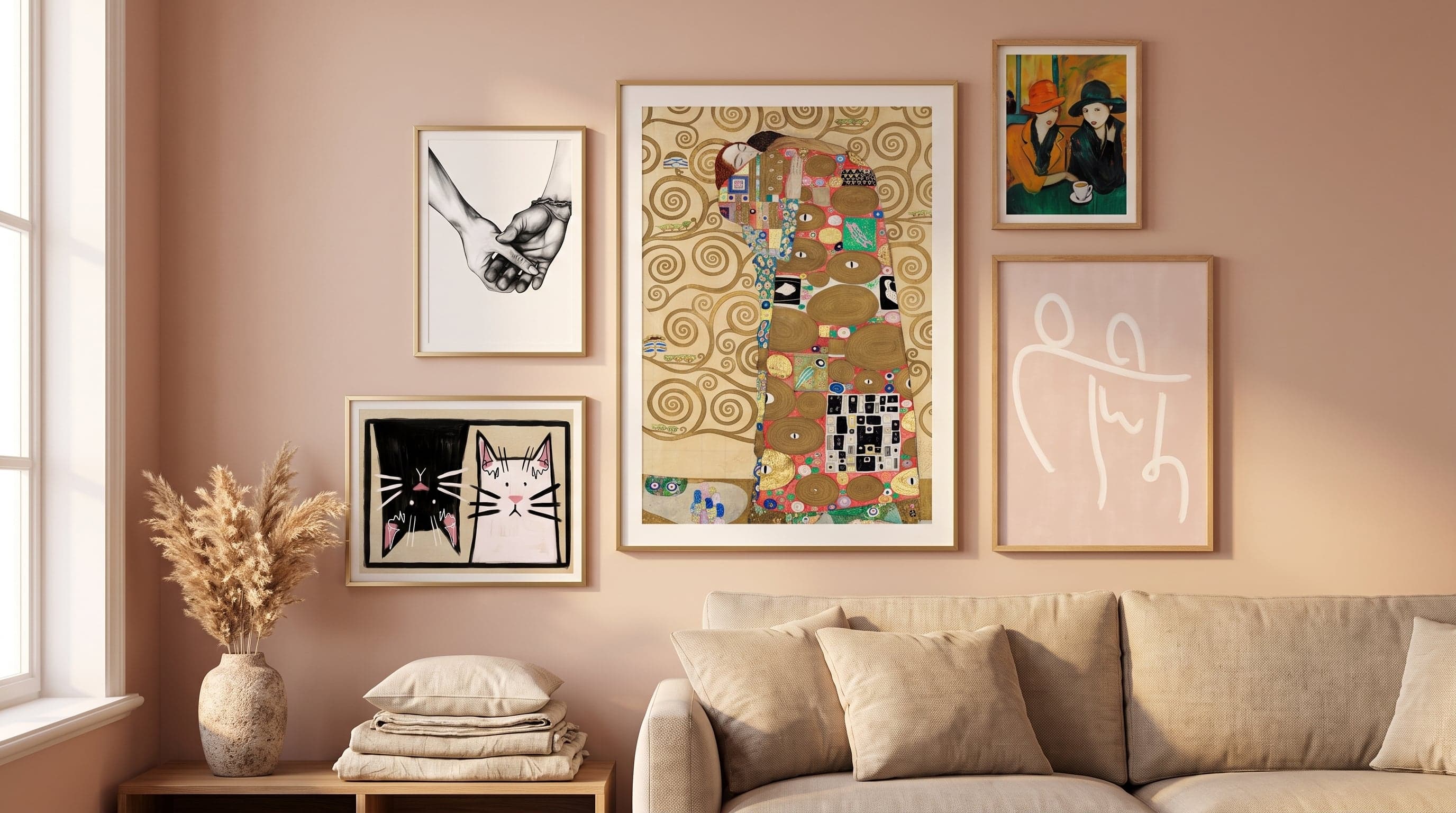 Romantic living room wall with five love-themed art prints in varied frame sizes.