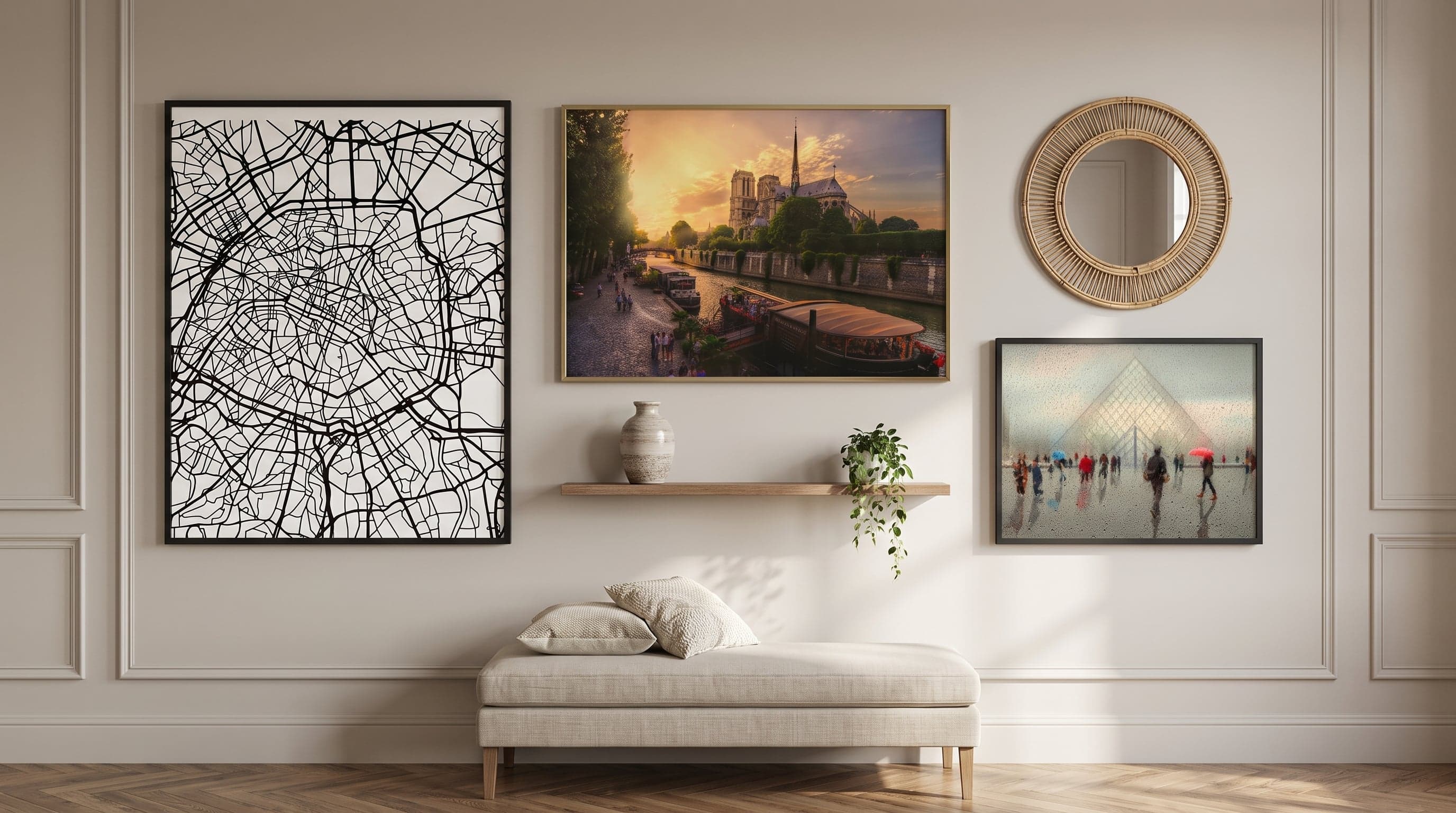 Gallery wall with three different poster sizes, mirror and shelf, balanced spacing between frames.