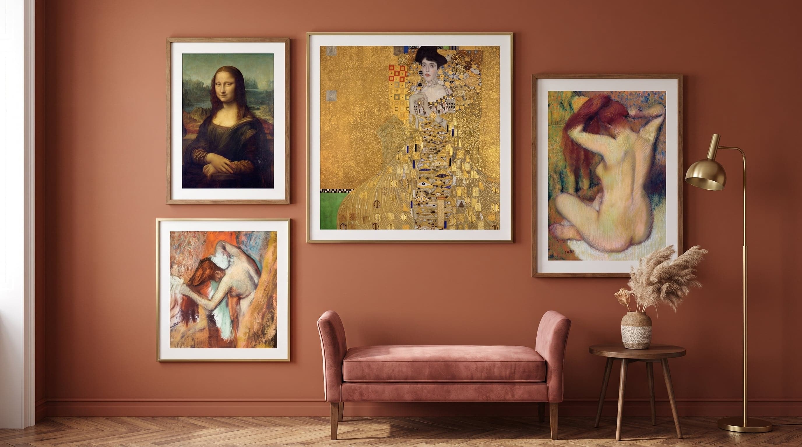 Gallery wall featuring four artworks exploring the female portrait through art history, warm tones.