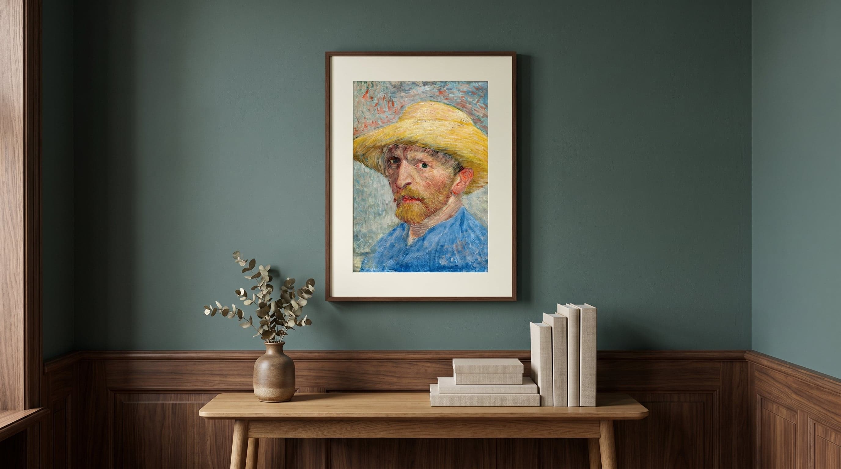 Van Gogh's self-portrait in a glare-free frame on a green wall, softly lit by indirect light.