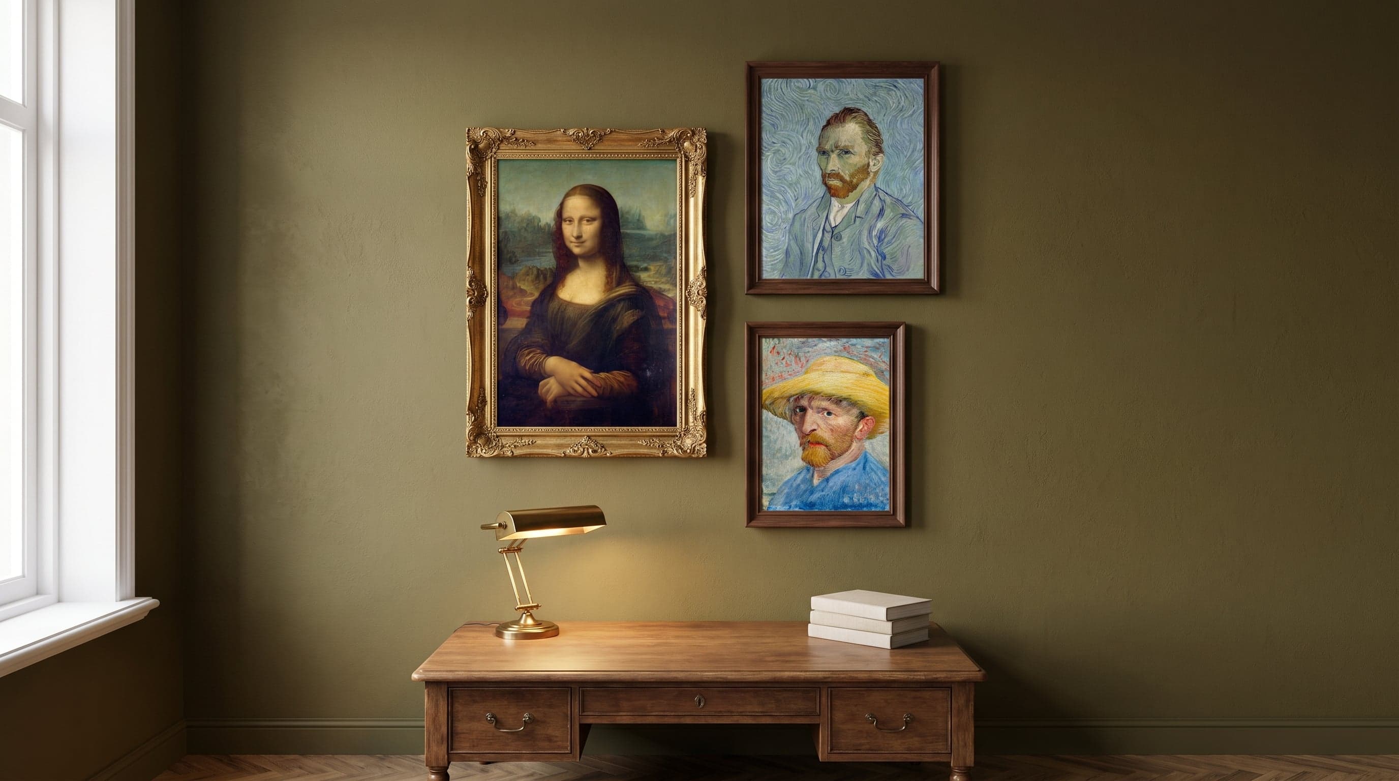 Three portrait posters in varied frames on a warm, classic study wall with desk.