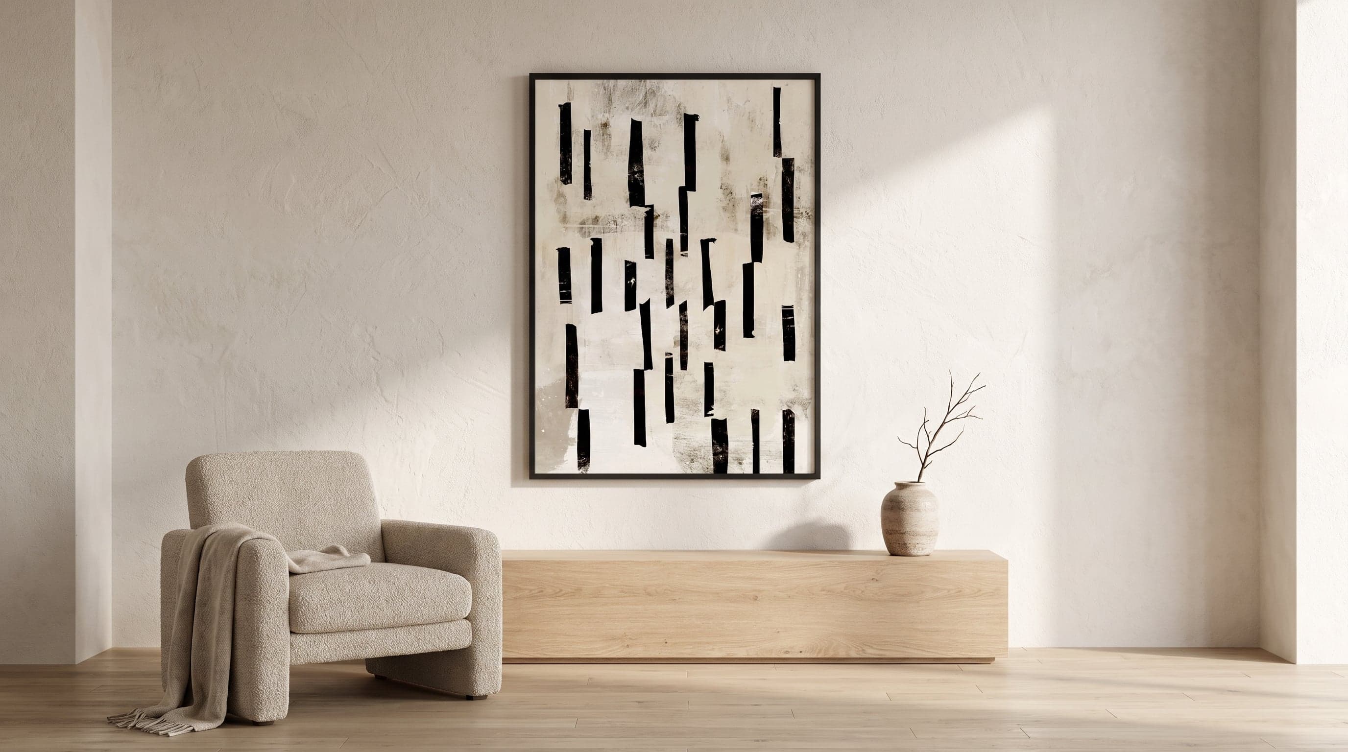 Minimalist living room with one large graphic art print as the wall's focal point.