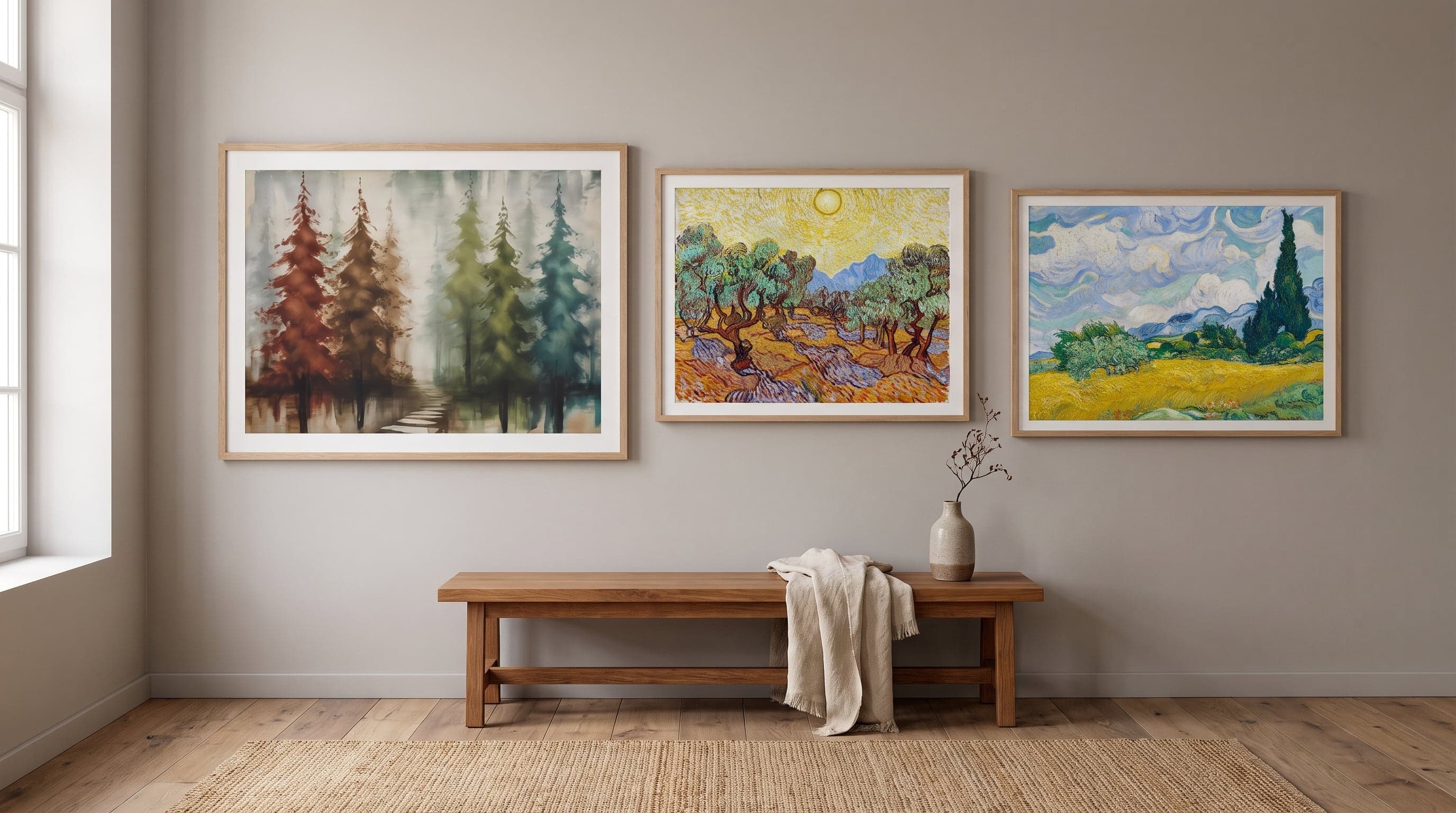 Three forest and landscape art prints arranged calmly on a warm minimalist wall.