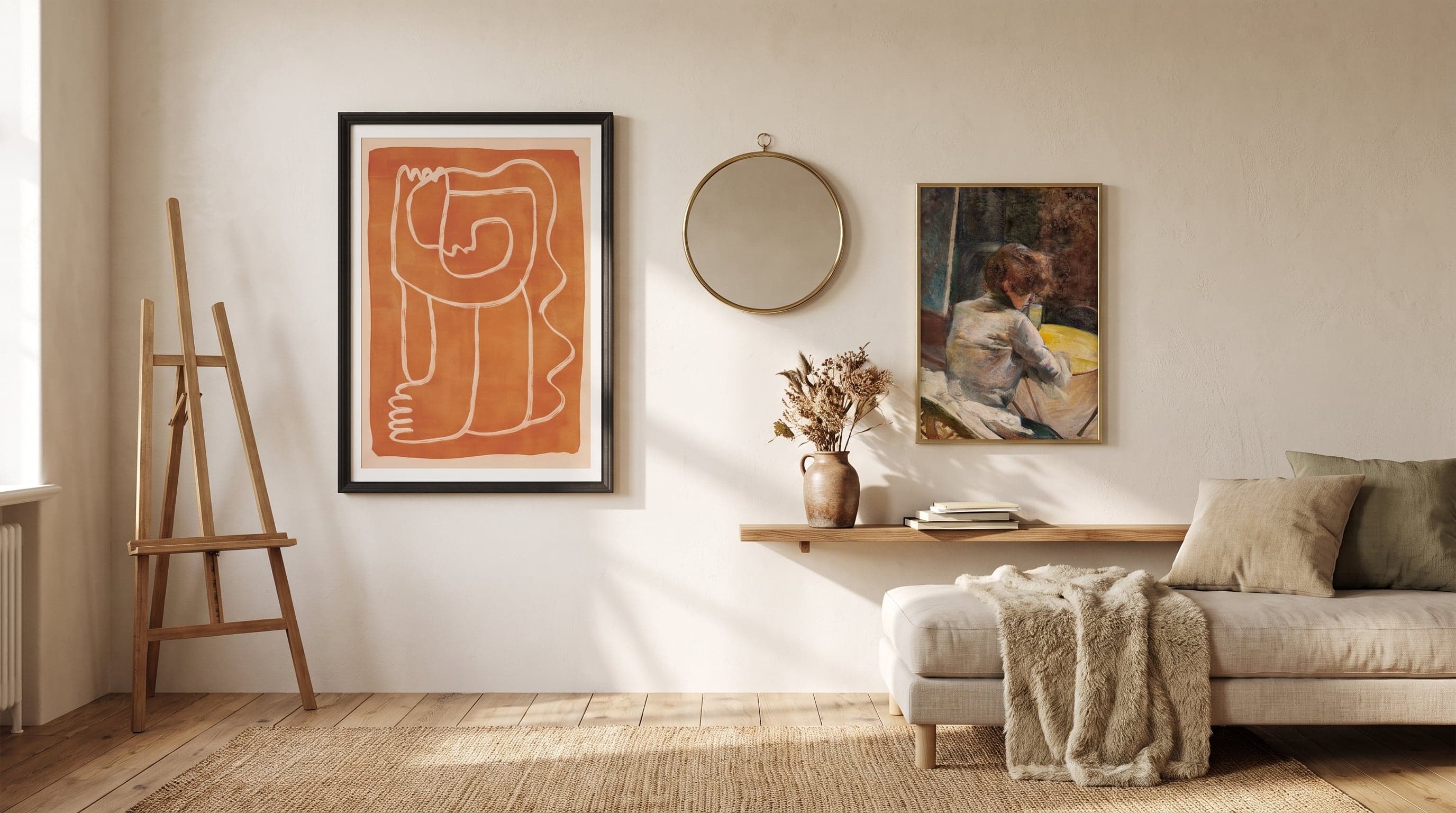 Studio wall featuring abstract line art and a classic nude study print in warm earthy tones.