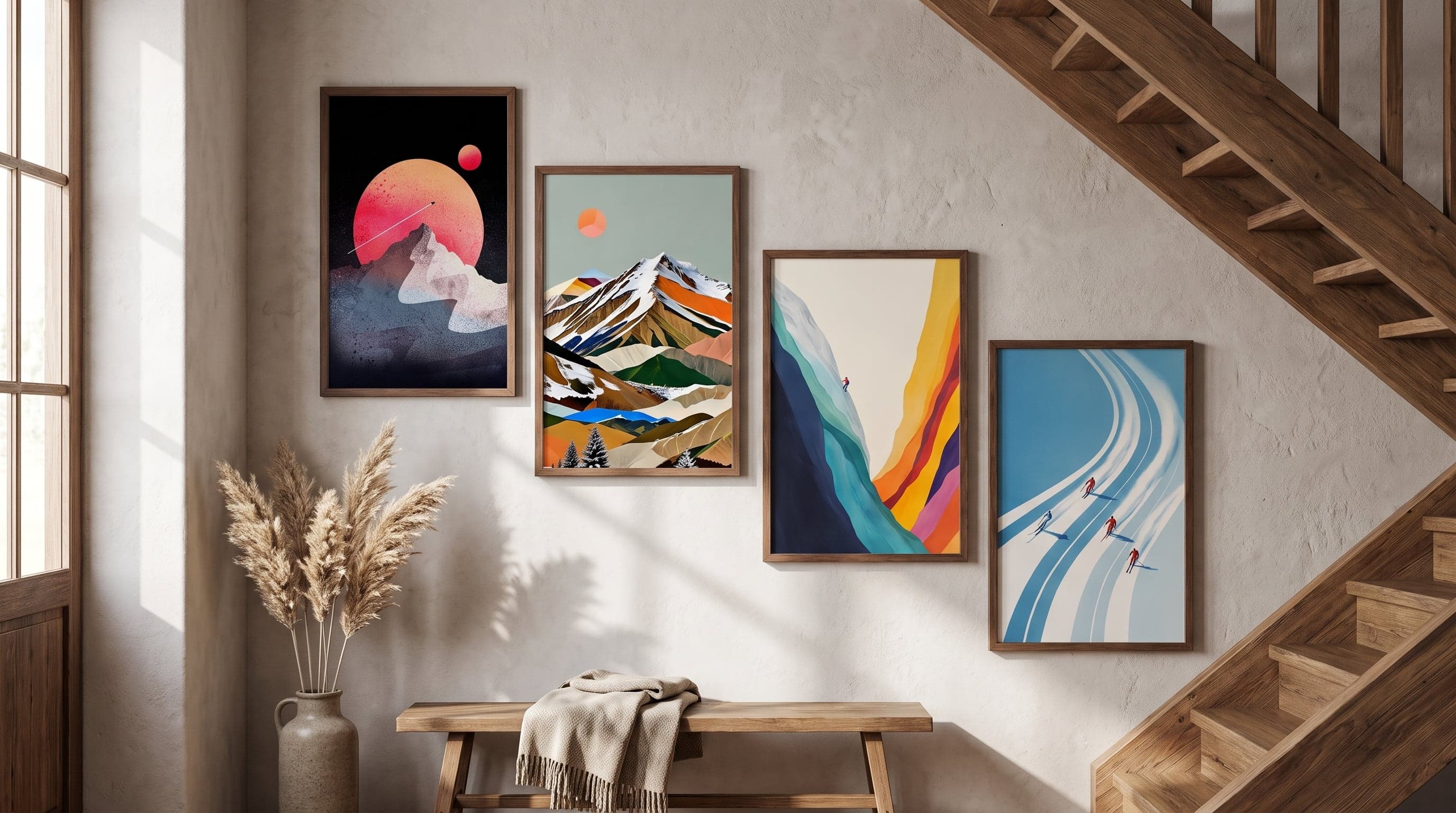 Four tall mountain posters cascading up a rough plaster wall in a rustic lodge stairwell.