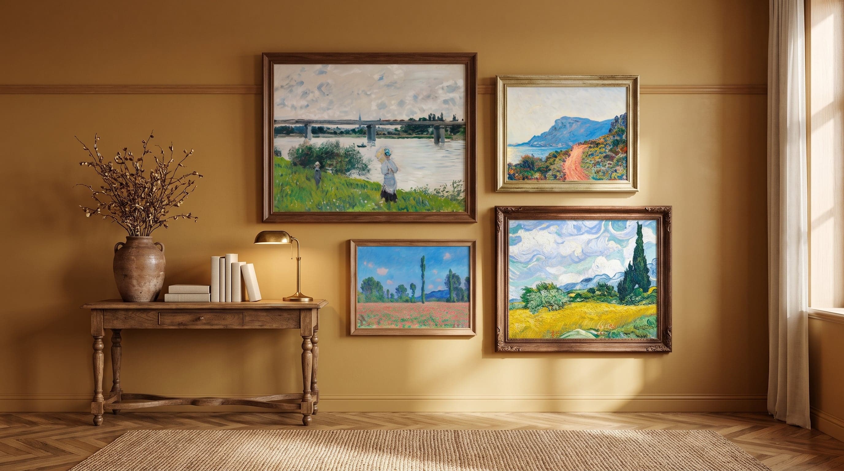 Warm living room wall with four landscape art prints in varied frame sizes, classic painterly mood.