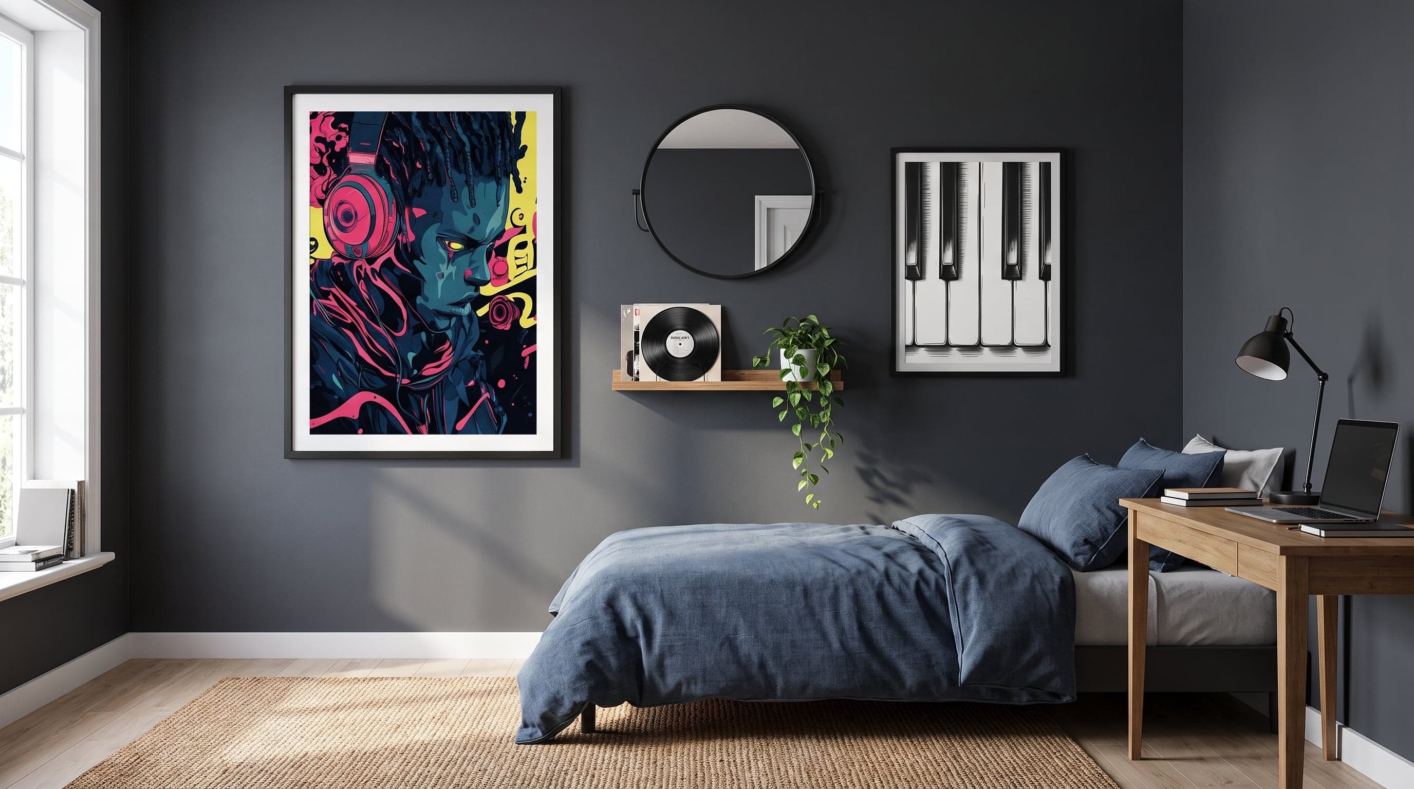 Teen bedroom featuring Street Dj and Piano Keys posters in a bold, music-inspired dark decor.
