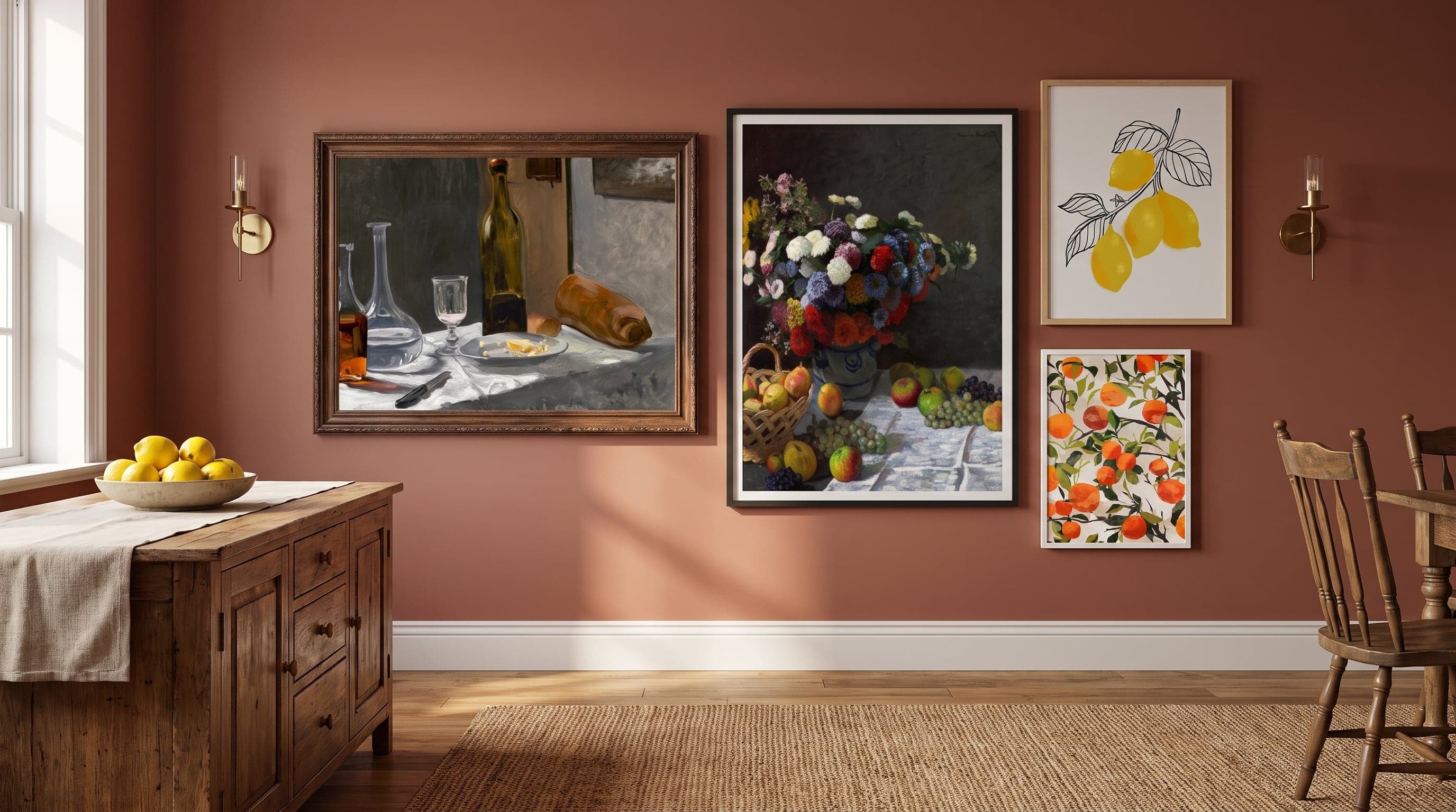 Food-themed gallery wall with four framed prints: Monet still lifes, lemons and oranges, warm dining room.