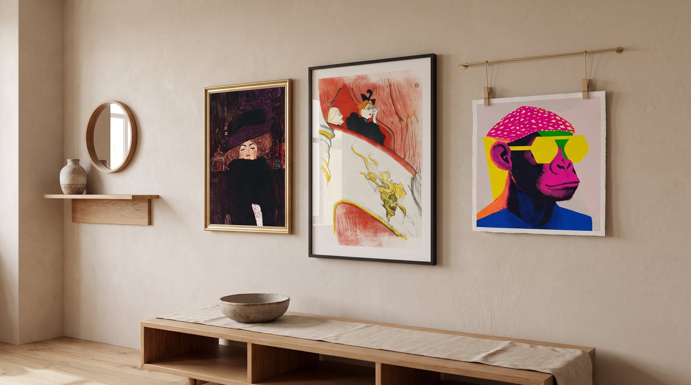 Three artworks displayed differently: gold frame, simple black frame, and an unframed clipped poster.