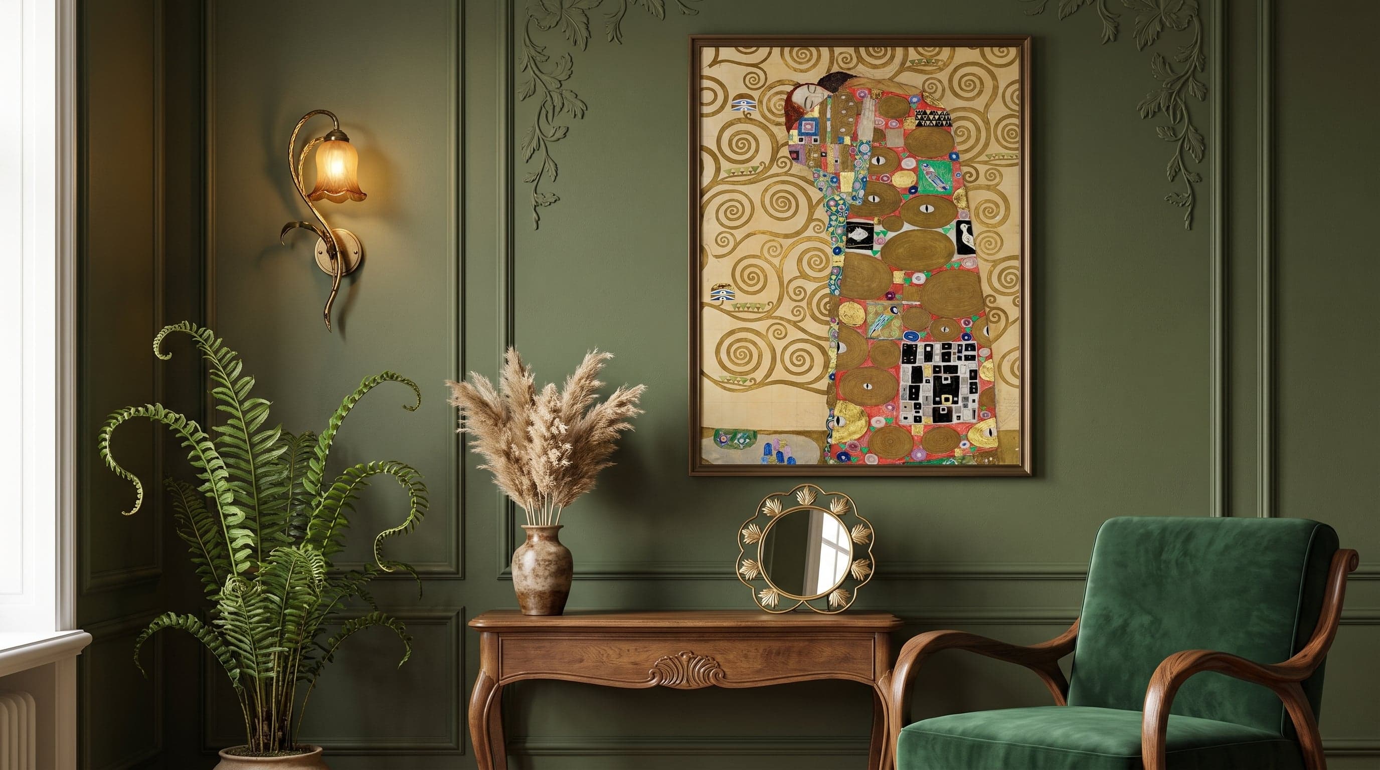 Art Nouveau living room with a Klimt-style poster in bronze frame amid green, ornate decor.